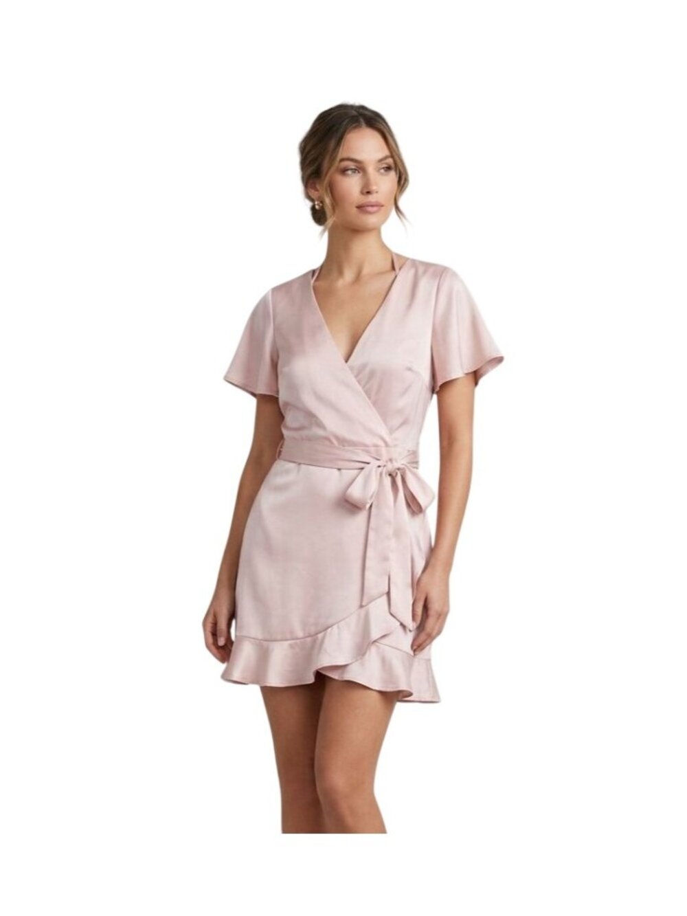 Altard State Wrap Dress XS Short Sleeve Ruffle Hem Tie Waist Light Pink Feminine